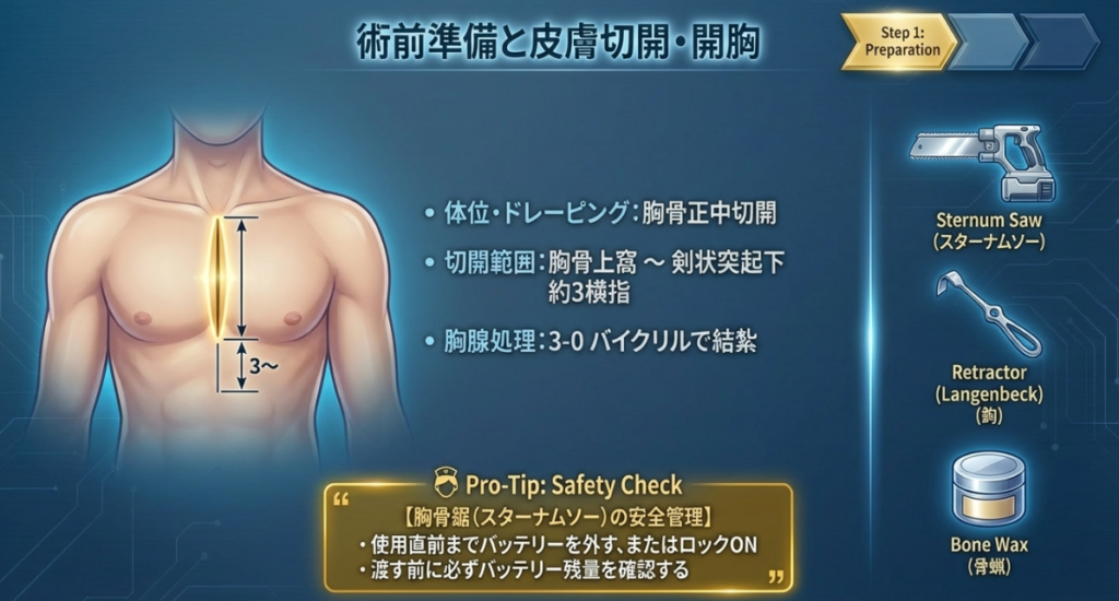 皮膚切開・胸骨正中切開・心膜切開の解説画像