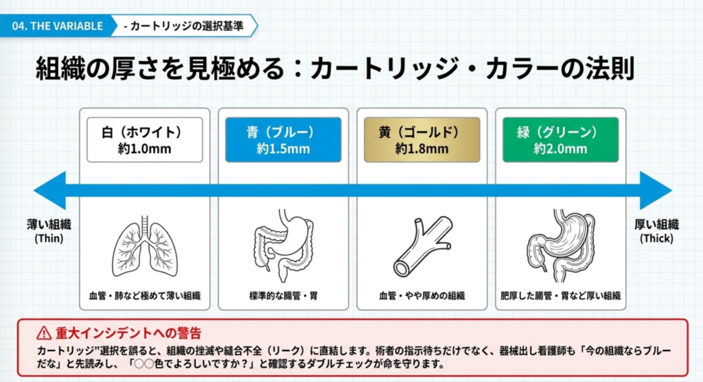 カートリッジ（リロード）の色と組織厚さの関係の解説画像