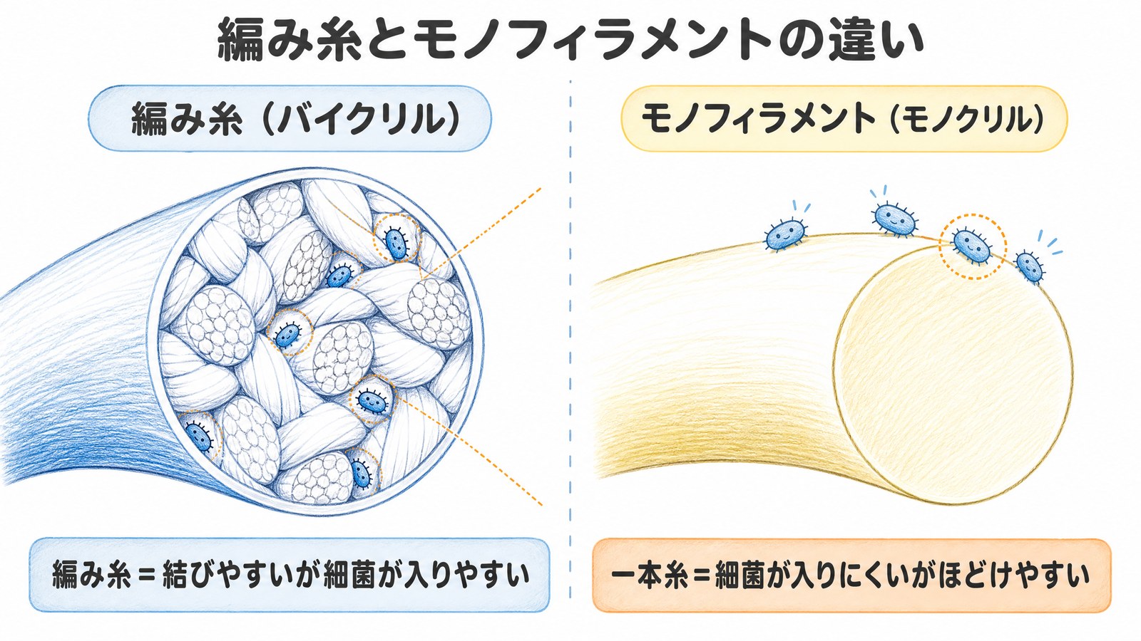 編み糸とモノフィラメントの断面比較。編み糸は繊維のすき間に細菌が入りやすく、一本糸は入りにくい
