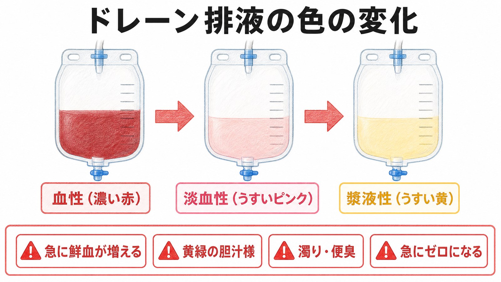 ドレーン排液が血性から淡血性、漿液性へと薄くなる正常経過と、鮮血の増加や胆汁様など危険サインを示した図