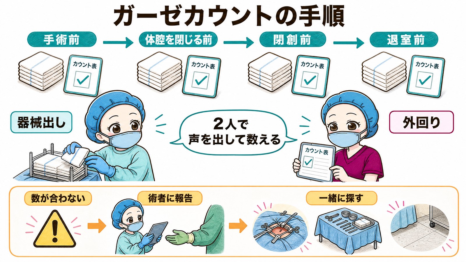 ガーゼカウントの手順。手術前、体腔を閉じる前、閉創前、退室前に、器械出しと外回りの2人で声を出して数え、合わないときは術者に報告して探す
