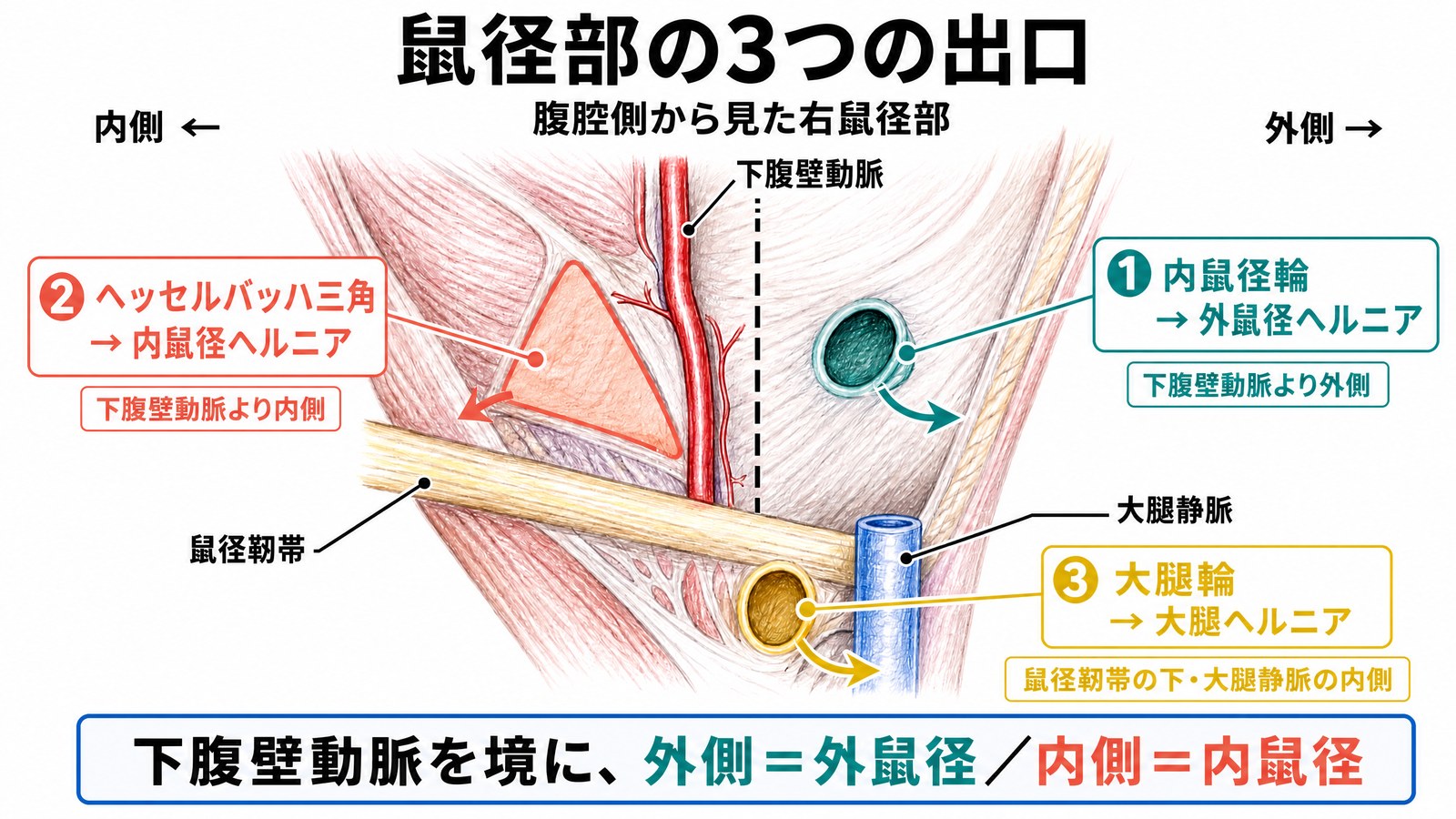 鼠径部の3つの出口を腹腔側から見た図。下腹壁動脈より外側の内鼠径輪は外鼠径ヘルニア、内側のヘッセルバッハ三角は内鼠径ヘルニア、鼠径靭帯の下の大腿輪は大腿ヘルニアになる