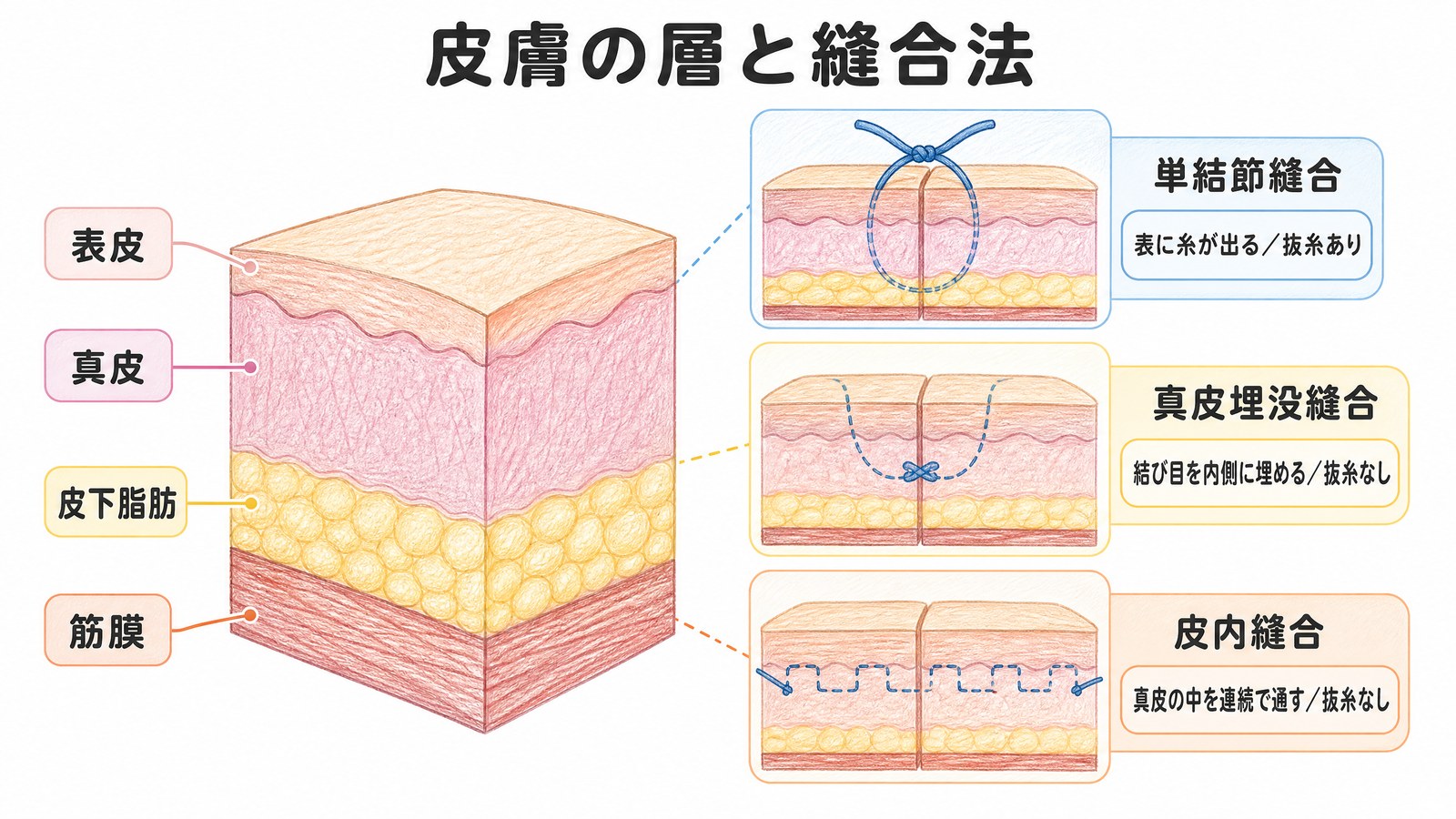 皮膚の層(表皮・真皮・皮下脂肪・筋膜)と、単結節縫合・真皮埋没縫合・皮内縫合の違いを示した図