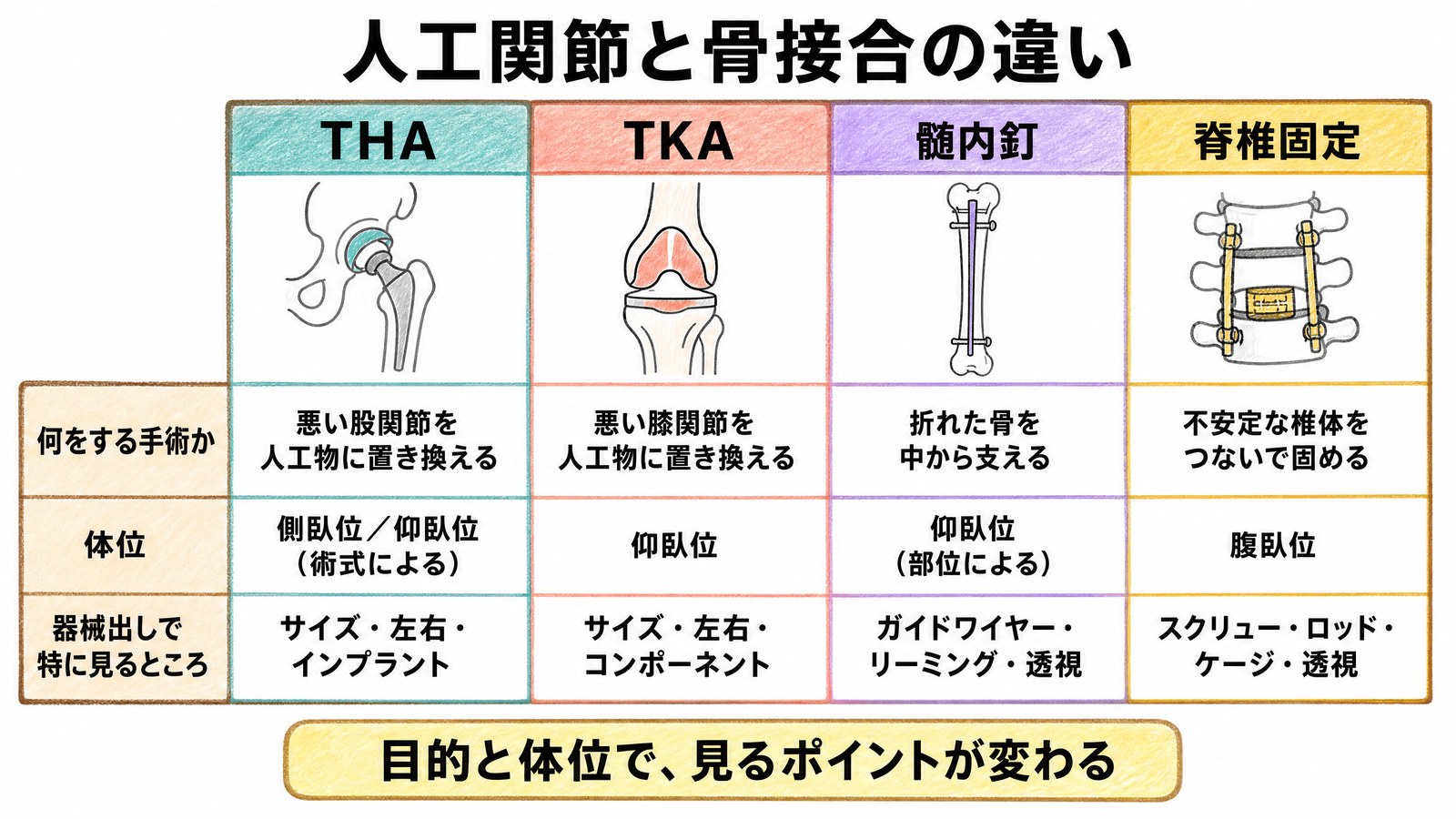 THA・TKA・髄内釘・脊椎固定の比較表。何をする手術か、体位、器械出しで特に見るところをそれぞれ整理