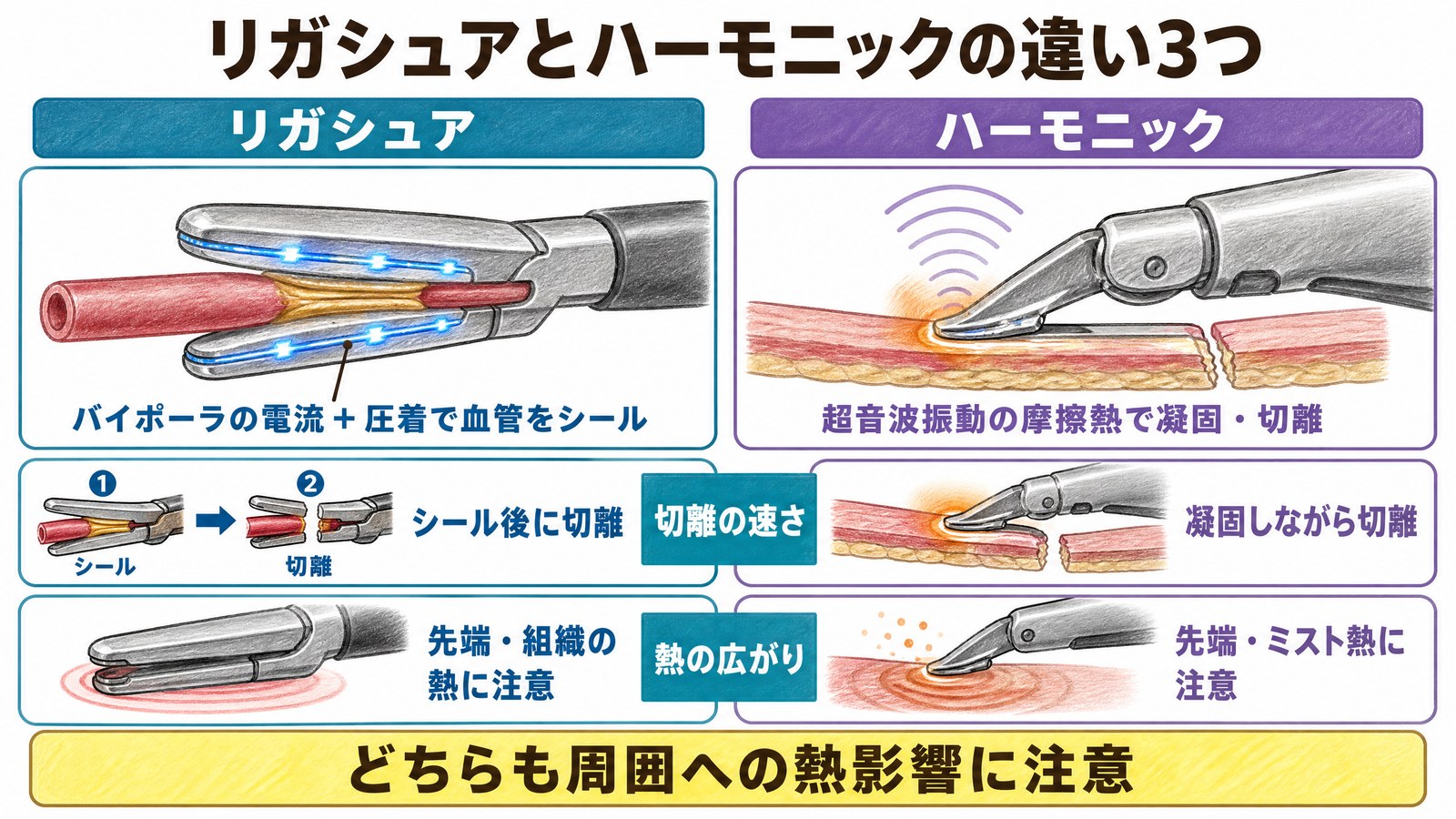 リガシュアとハーモニックの違いの図。リガシュアはバイポーラの電流と圧着で血管をシールし、ハーモニックは超音波振動の摩擦熱で切離する