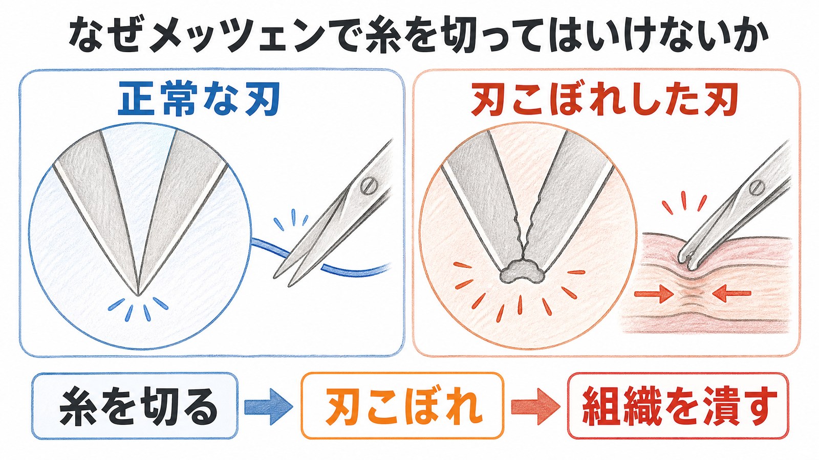 メッツェンバウムで糸を切ると刃こぼれし、組織を切れずに潰してしまう仕組みを正常な刃と比較した図