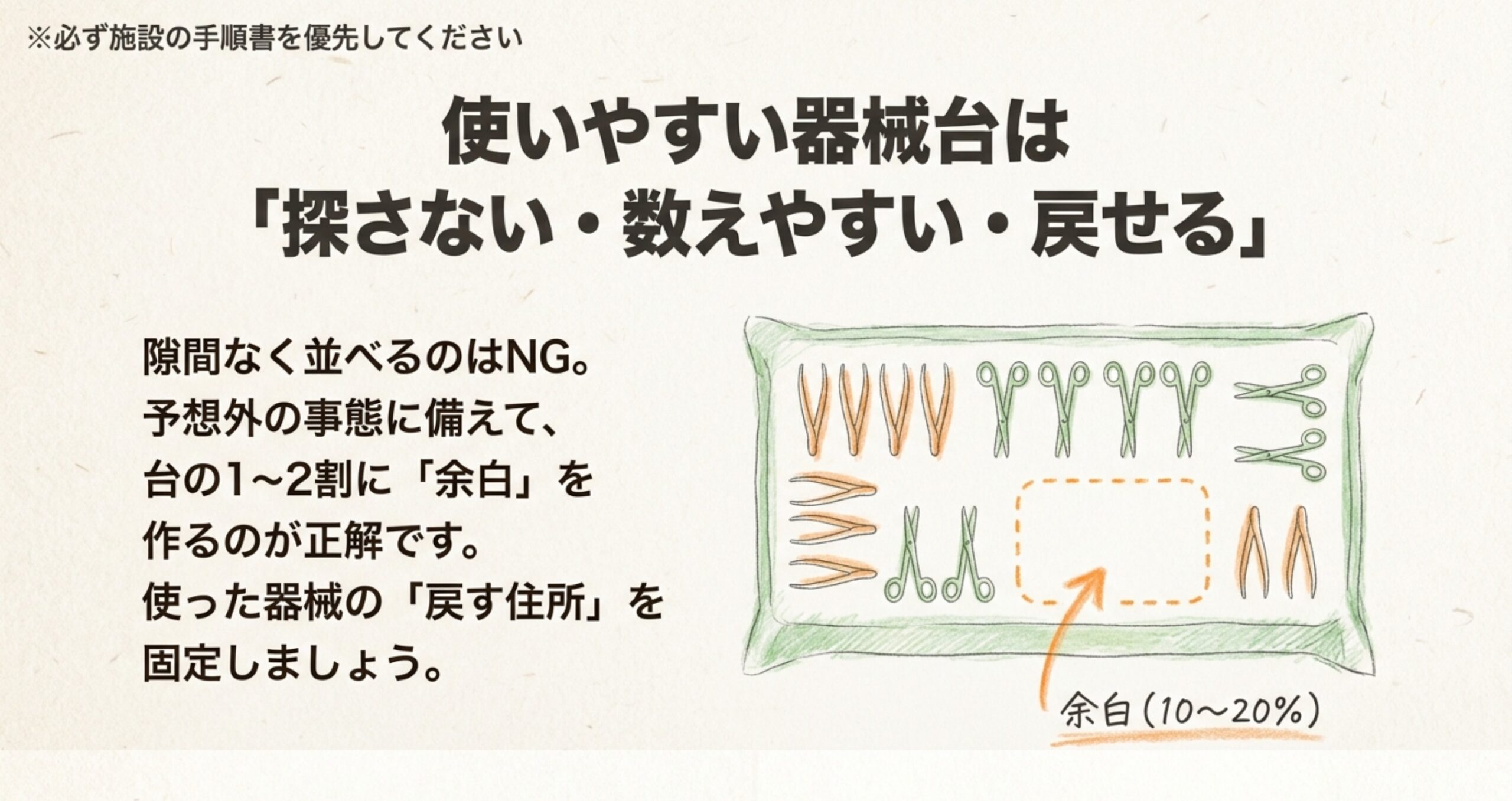 器械出し看護師が使いやすい器械台にするための余白と定位置の手書き図解