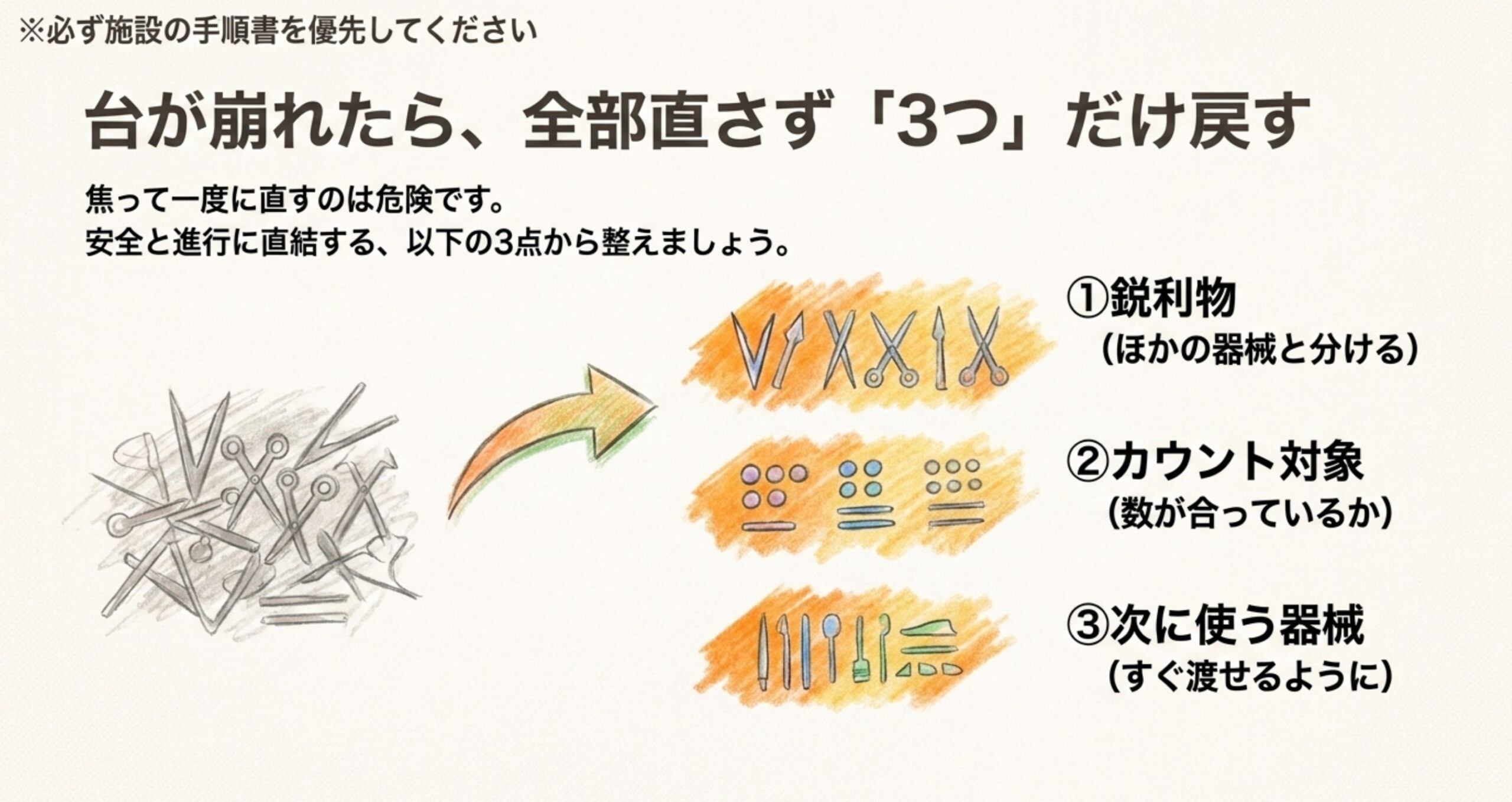 器械台が崩れたときに鋭利物・カウント対象・次に使う器械から整える手書き図解