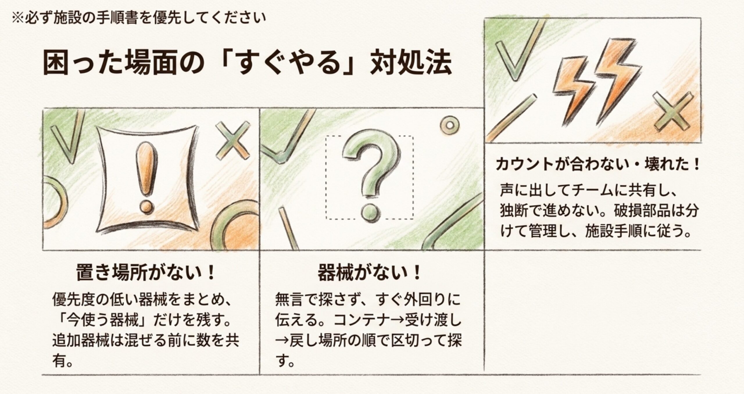 置き場所不足・器械不足・カウント不一致や破損時の対処法の手書き図解
