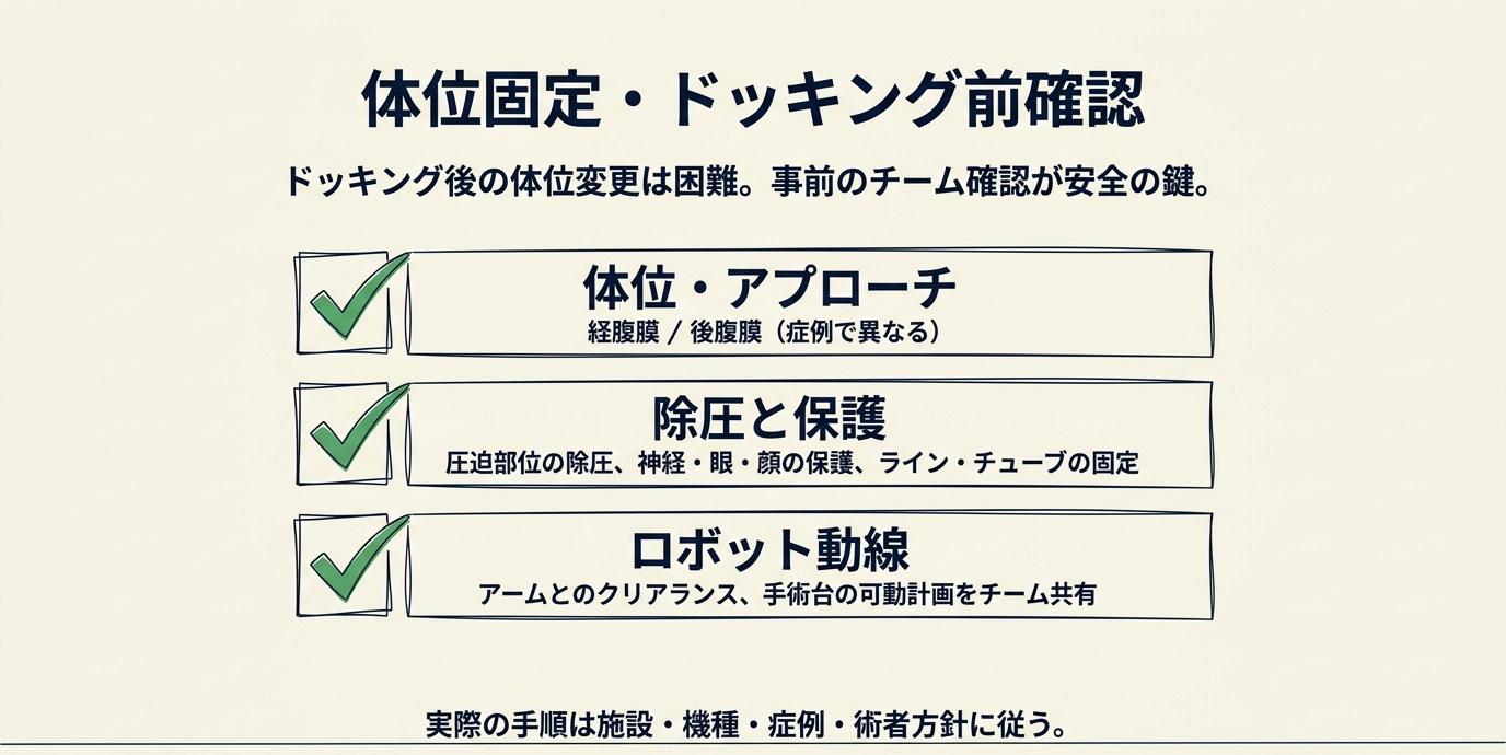 RAPNの体位固定、除圧、神経と顔の保護、ライン固定、ロボットアームの動線を確認する図