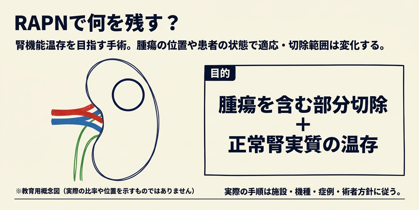 RAPNで腫瘍を含む腎部分を切除し正常腎実質の温存を目指す目的を示す概念図