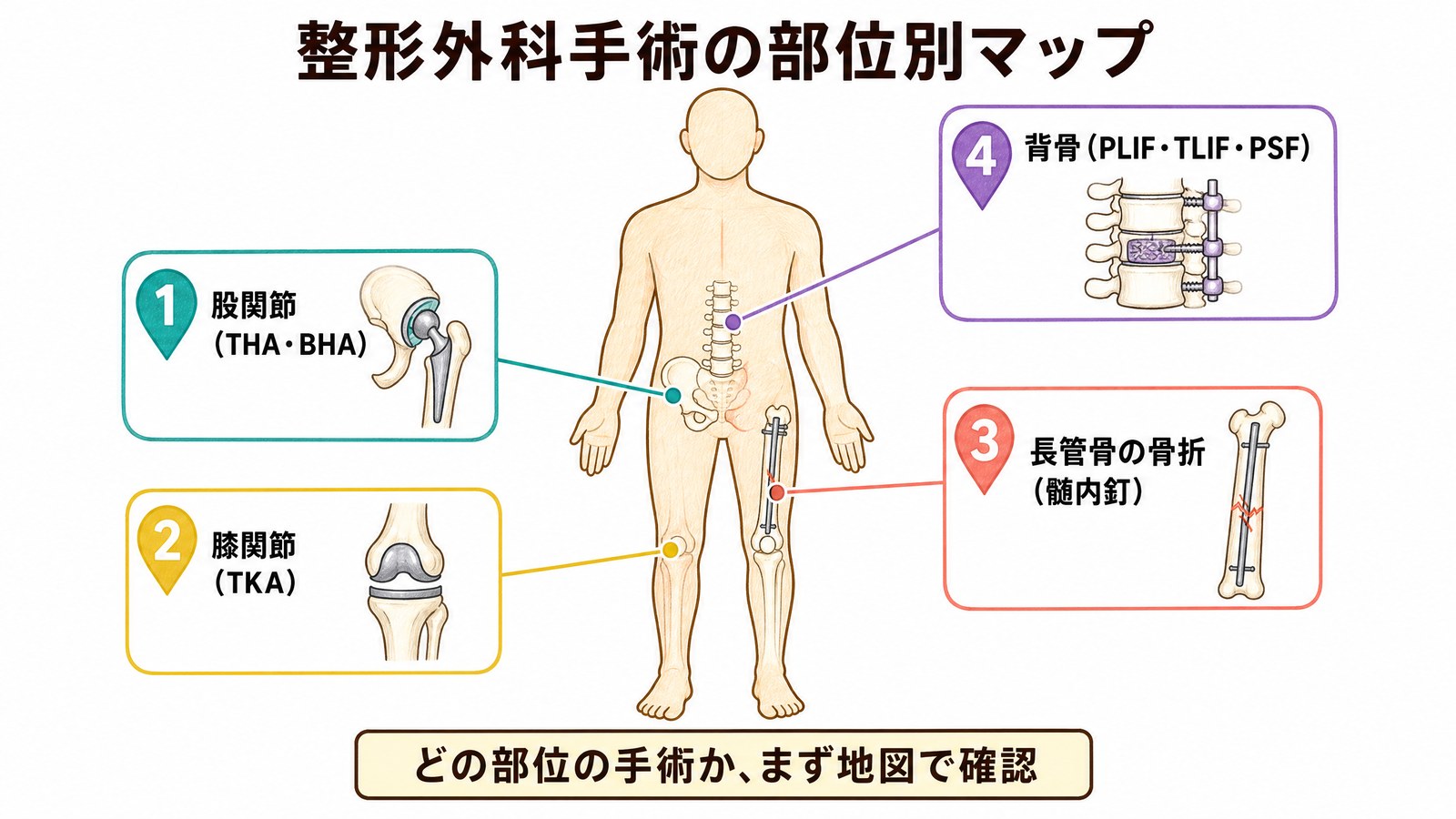 整形外科手術の部位別マップ。股関節はTHAとBHA、膝関節はTKA、長管骨の骨折は髄内釘、背骨はPLIF・TLIF・PSF