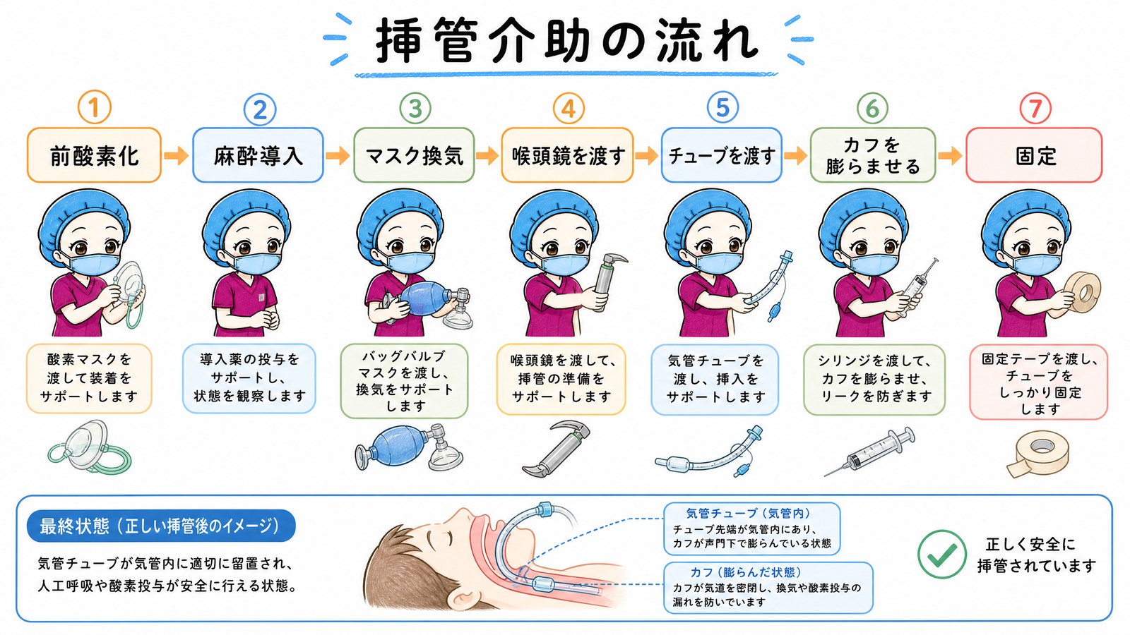 気管挿管の介助の流れ。前酸素化、麻酔導入、マスク換気、喉頭鏡を渡す、チューブを渡す、カフを膨らませる、固定の順