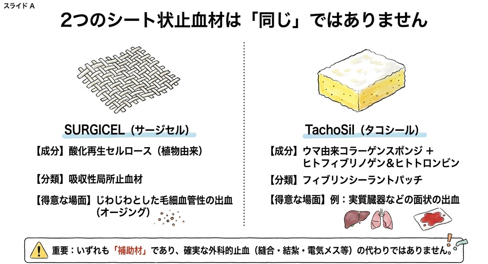 SURGICELとTachoSilの成分・分類・得意な場面・外科的止血の補助材である点を比較する図