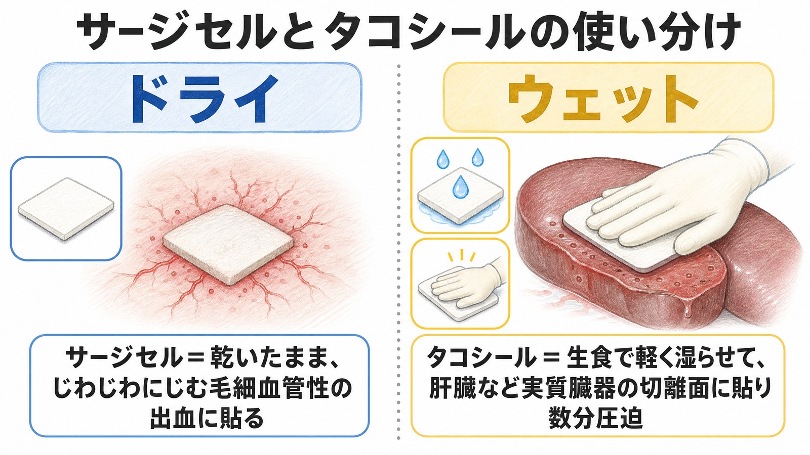 サージセルは乾いたまま毛細血管性の出血に、タコシールは湿らせて実質臓器の切離面に貼り圧迫する使い分けの図