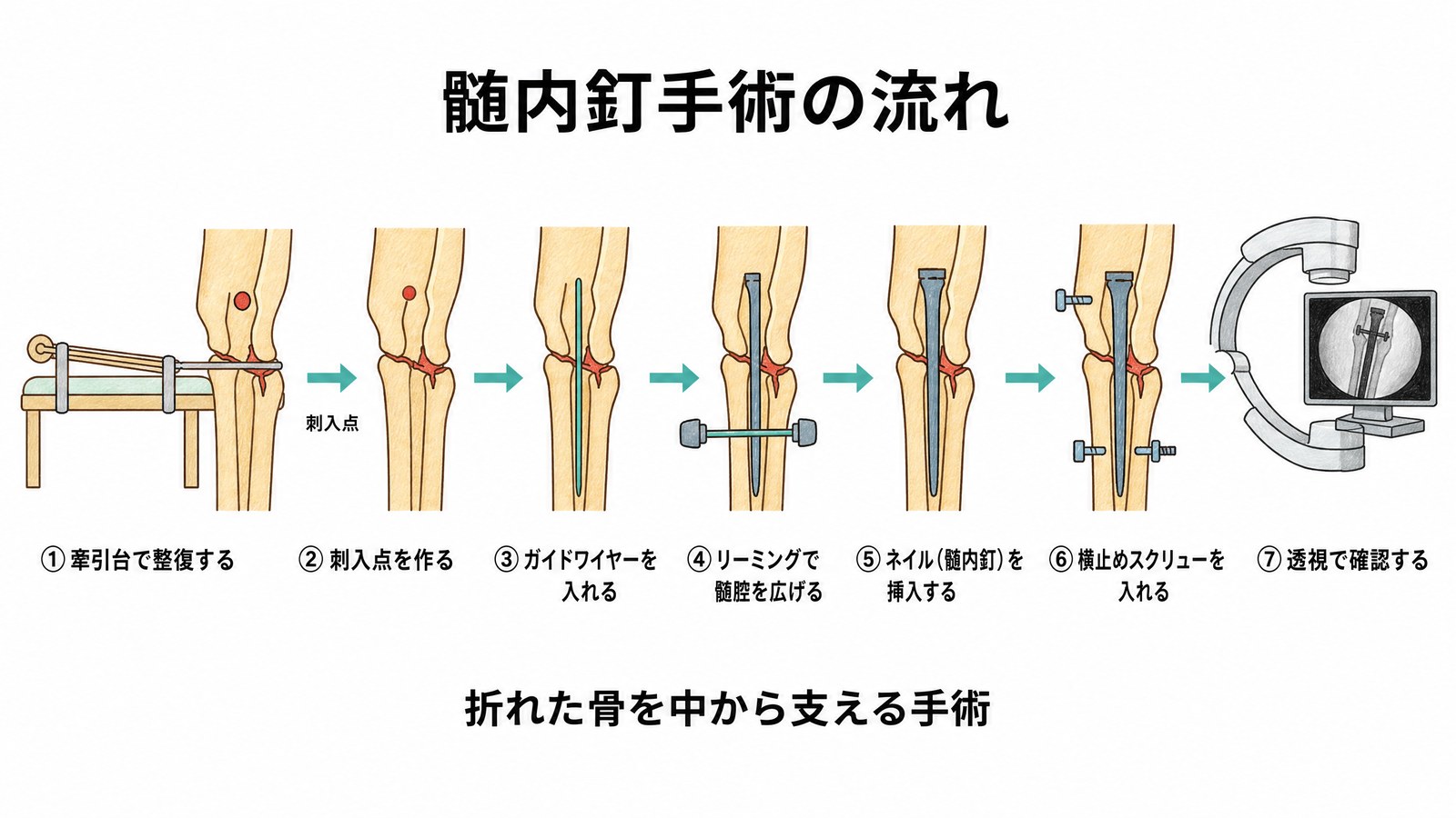 髄内釘手術の流れを大腿骨の図で示した7ステップ。牽引台で整復、刺入点作成、ガイドワイヤー、リーミング、ネイル挿入、横止めスクリュー、透視確認