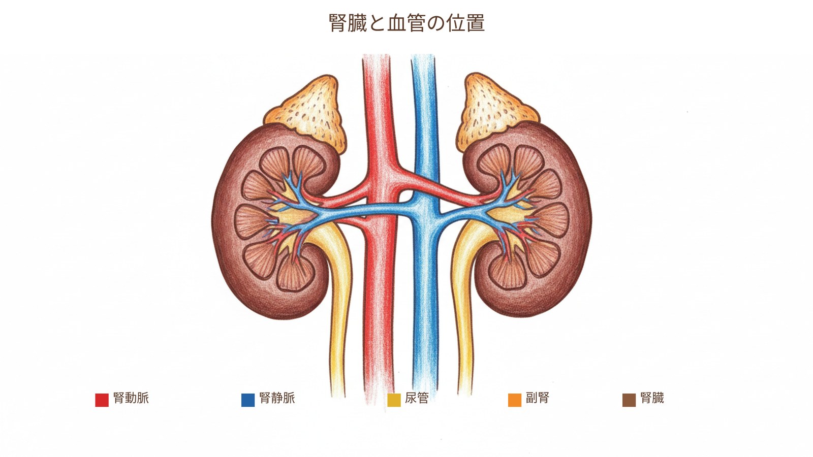 腎臓と周囲の血管の図。腎動脈、腎静脈、尿管、副腎の位置関係と、左右で血管の長さが違うことを示す