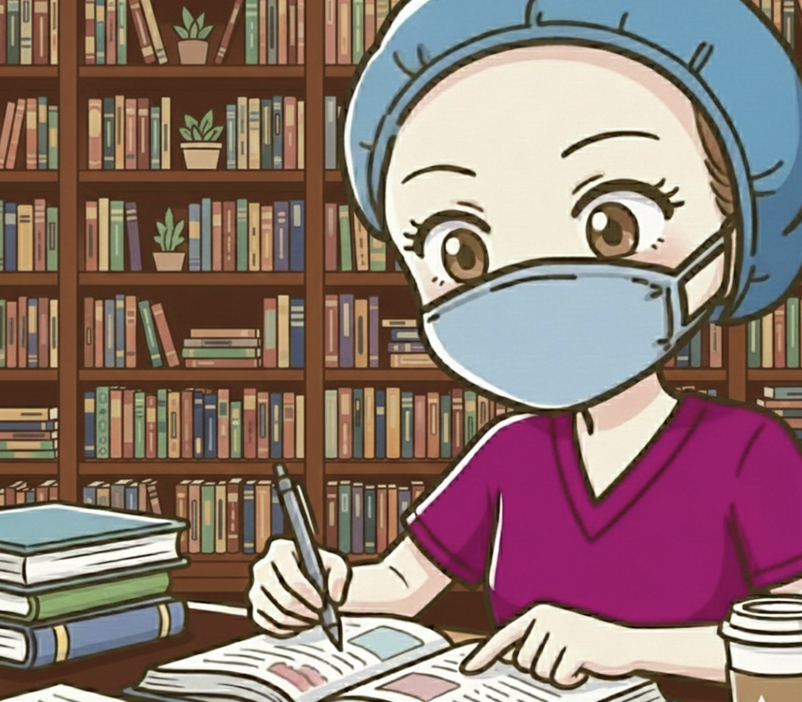 オペ看めろんが本棚の前で勉強しているイラスト