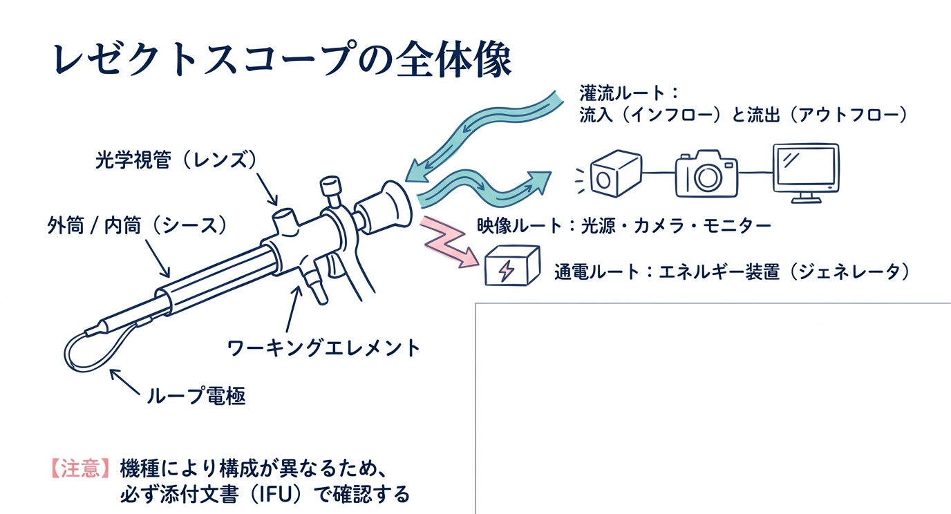 光学視管、シース、ワーキングエレメント、ループ電極、灌流、光源、カメラ、モニター、エネルギー装置の関係を示すレゼクトスコープ模式図