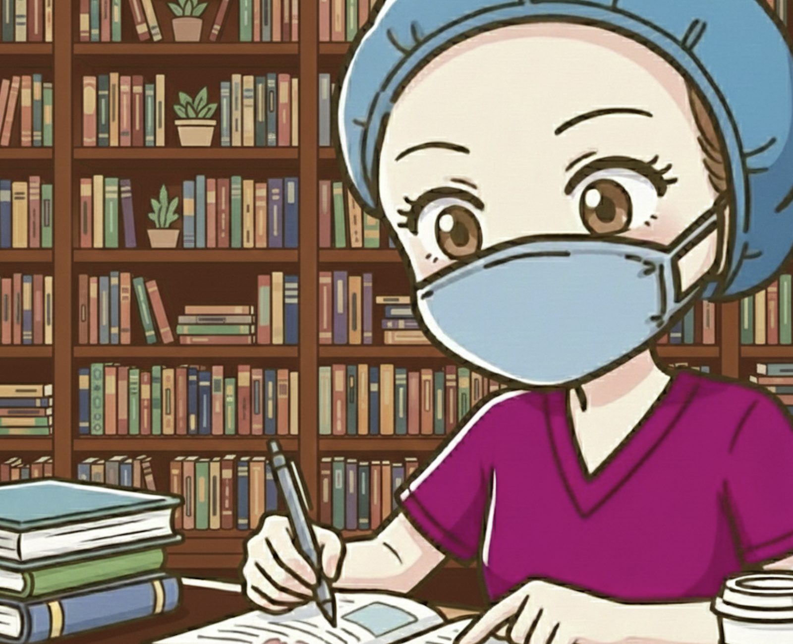 オペ看めろんが本棚の前で勉強しているイラスト