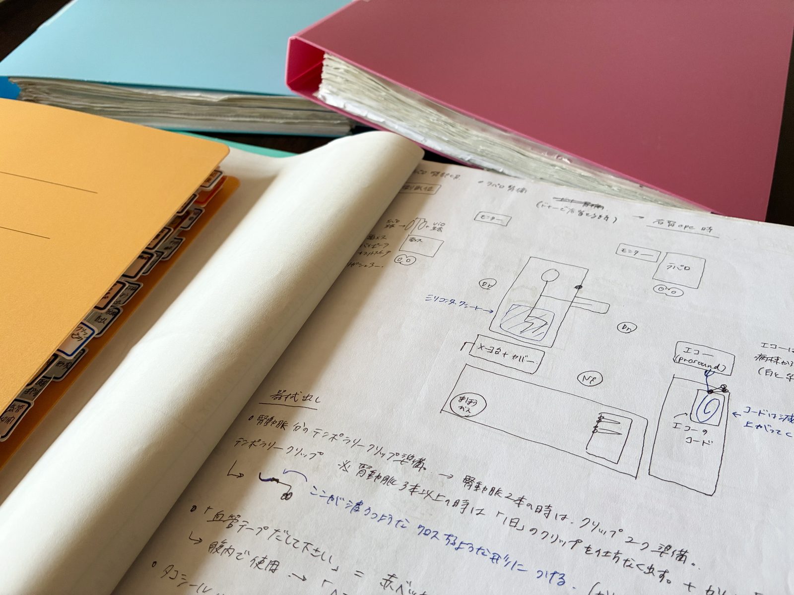 開いたノートと複数のファイル。器械の手書きメモ