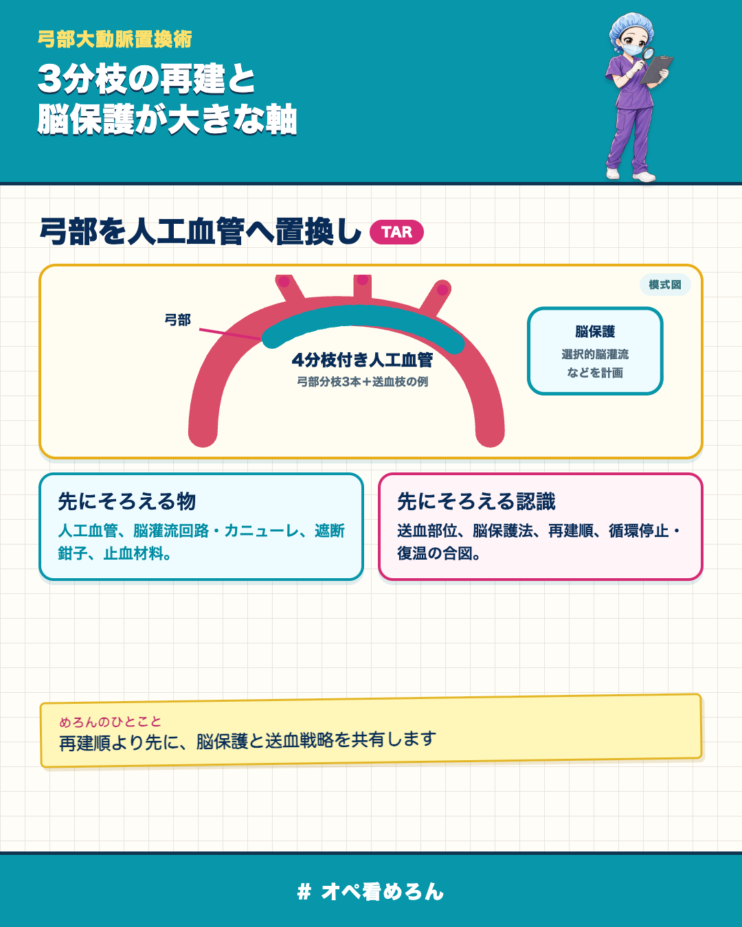 弓部大動脈置換術で弓部三分枝再建と脳保護の要点を示した模式図