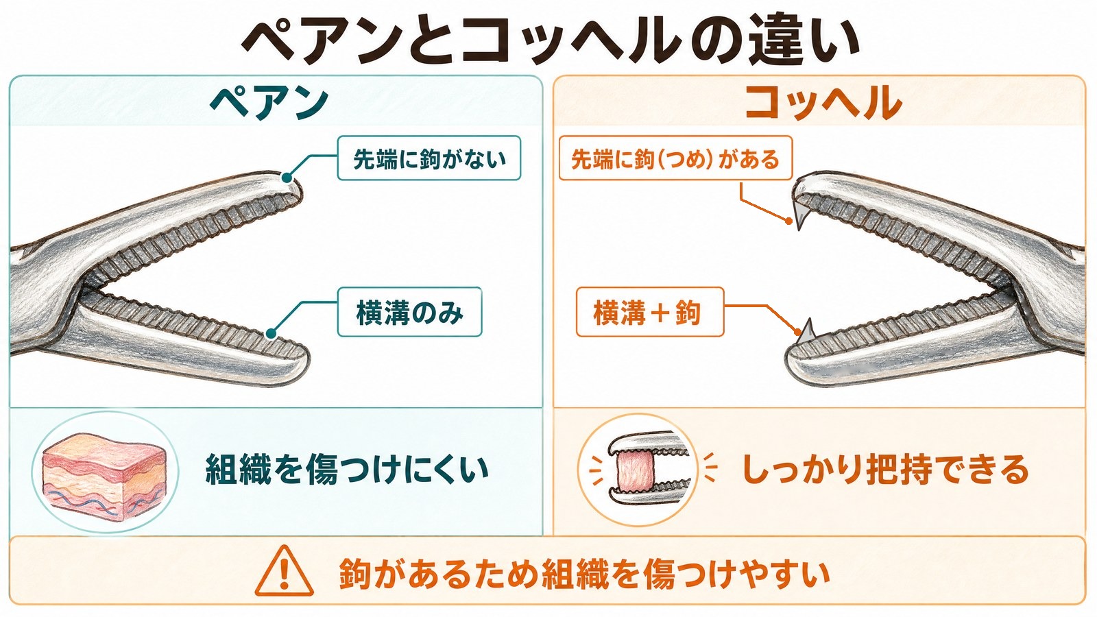 ペアンとコッヘルの先端の比較図。ペアンは先端に鉤がなく横溝のみ、コッヘルは先端に鉤があり、しっかり把持できるが組織を傷つけやすい