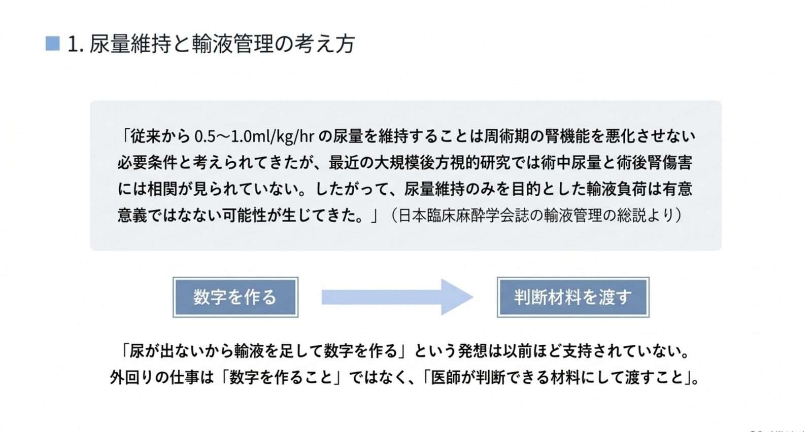 術中尿量は単独で判断せず、医師が判断できる情報として共有するスライド